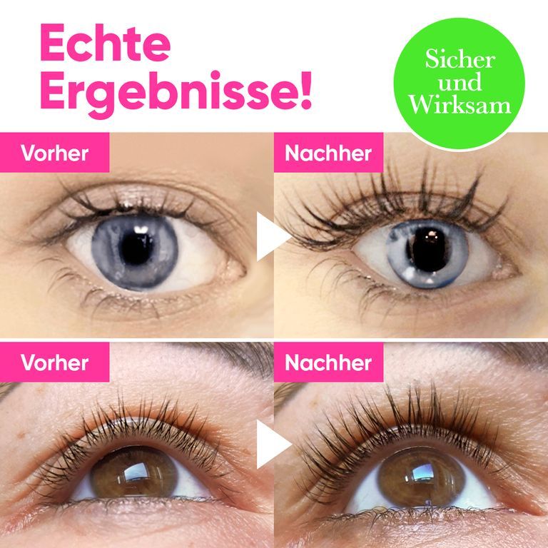 Immagini prima e dopo degli occhi con siero ciglia Luxe Lash. Mostra ciglia più folte e lunghe.