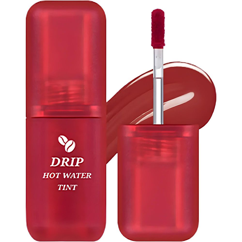 Rossetto rosso con applicatore. Scritta: "Drip Hot Water Tint". L'applicatore è nell'apertura.