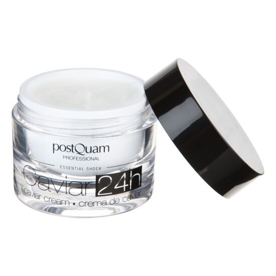 Vaso di crema con coperchio aperto. Scritta: Caviar 24h, Caviar Cream, Postquam Professional, Essential Shock.