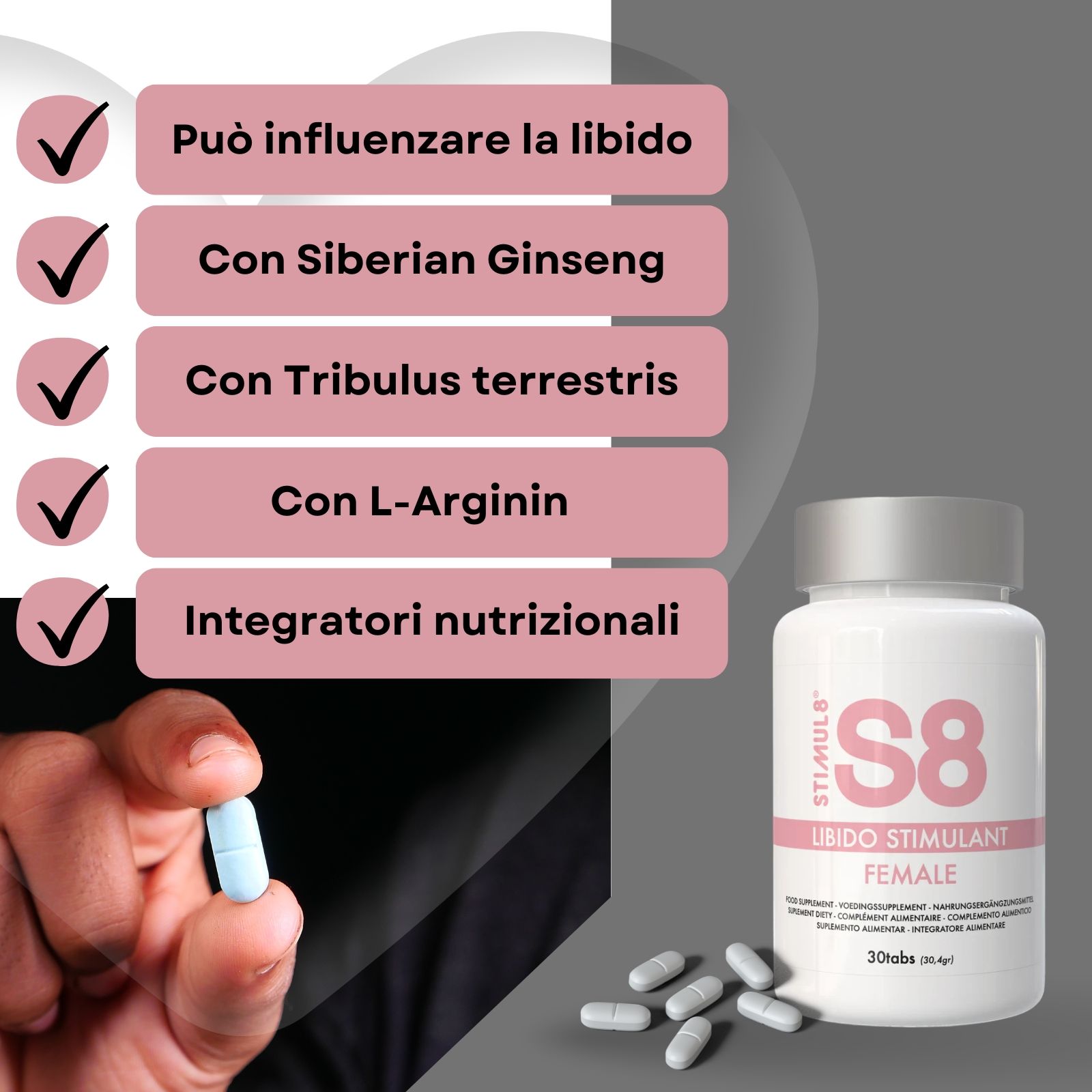 Flacone S8 Libido Stimulant, FEMALE, accanto a mano con compressa blu. Testo: Può influenzare la libido, con ginseng siberiano, ecc.