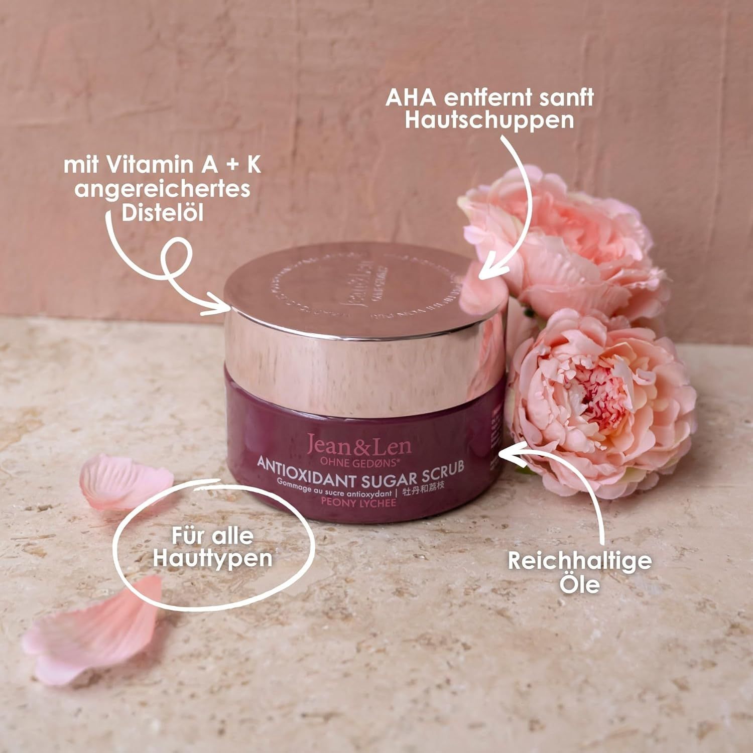Vaso Antioxidant Sugar Scrub di Jean & Len. Con Vitamina A + K, AHA, per tutti i tipi di pelle. Con petali di rosa.