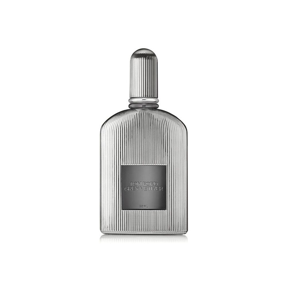 Flacone di profumo argentato con superficie scanalata. Testo: TOM FORD GREY VETIVER.