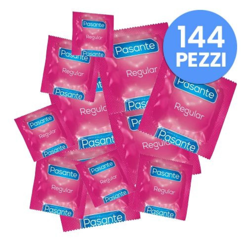 Mucchio di preservativi Pasante Regular in confezione rosa. 144 pezzi.