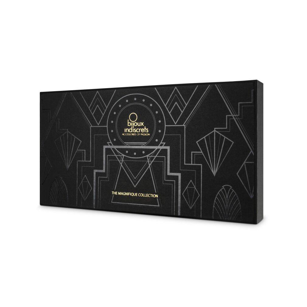 Confezione nera con design Art Déco. Scritta "bijoux indiscrets" e "THE MAGNIFIQUE COLLECTION".