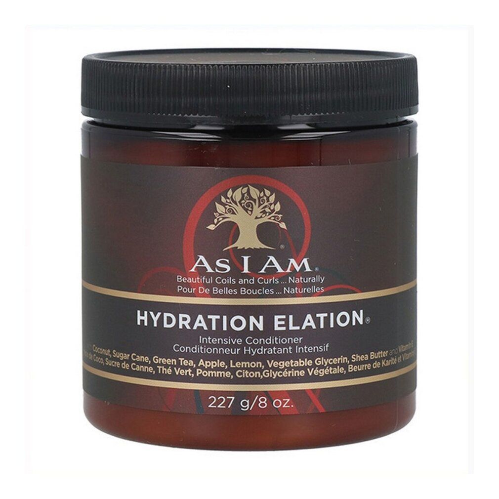 Barattolo marrone con coperchio nero. Scritta: AS I AM, HYDRATION ELATION, Intensive Conditioner. 227 g/8 oz.