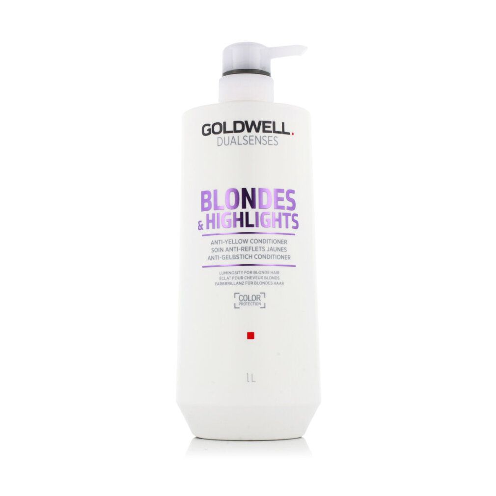 Conditioner Goldwell Dual Senses. Flacone bianco con dosatore. Scritta: Blondes & Highlights. 1L.