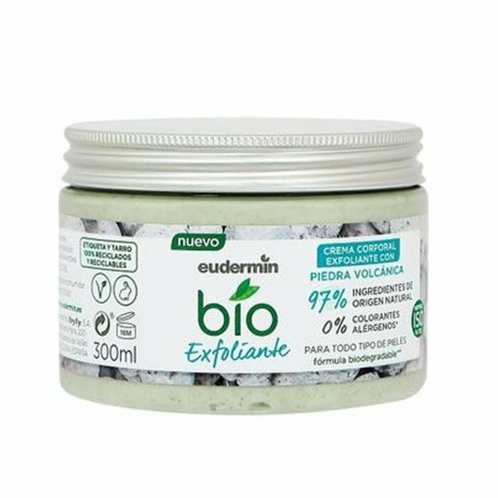 Prodotto verde in un barattolo con coperchio argentato. Etichetta con informazioni sul prodotto: Eudermin Bio Exfoliante, 300ml.