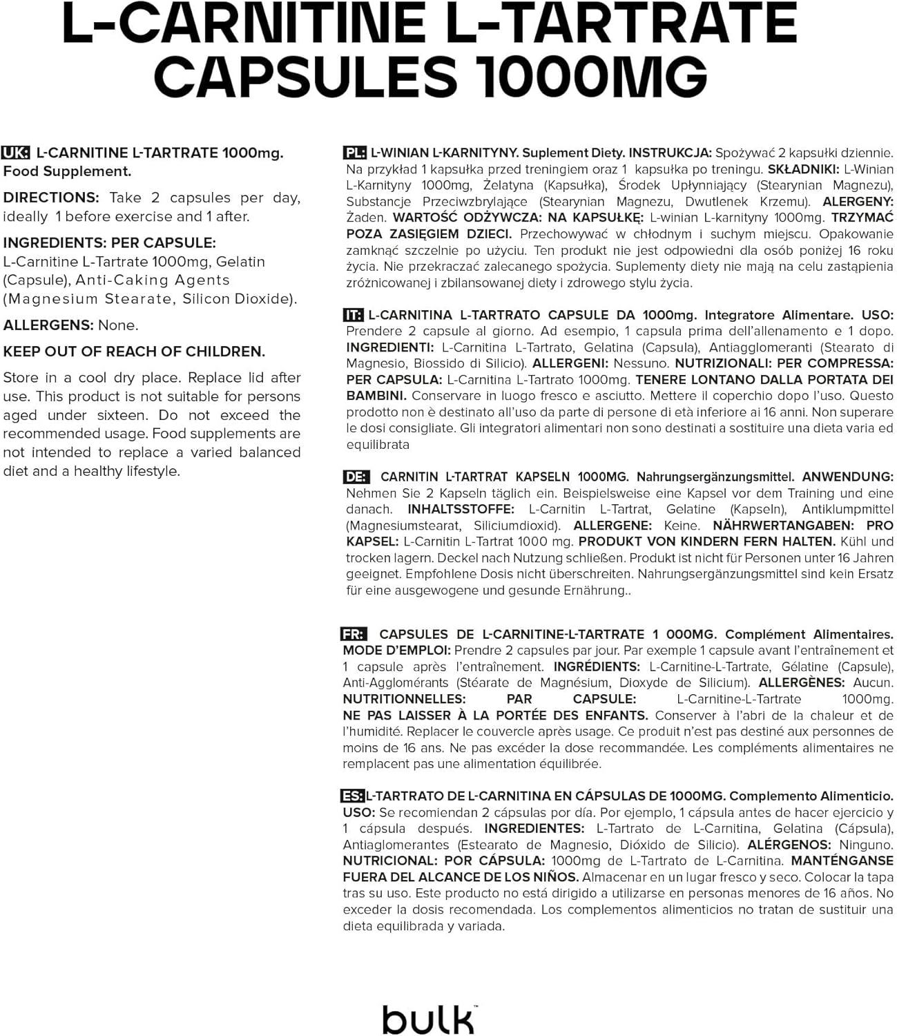 Pagina di testo con informazioni sulle capsule di L-Carnitina L-Tartrato. Contiene informazioni su ingredienti, uso e avvertenze.
