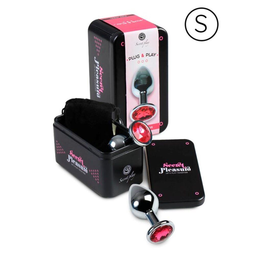 Set con plug anale in metallo, scatola di conservazione, sacchetto di velluto e istruzioni. Pietra rosa.