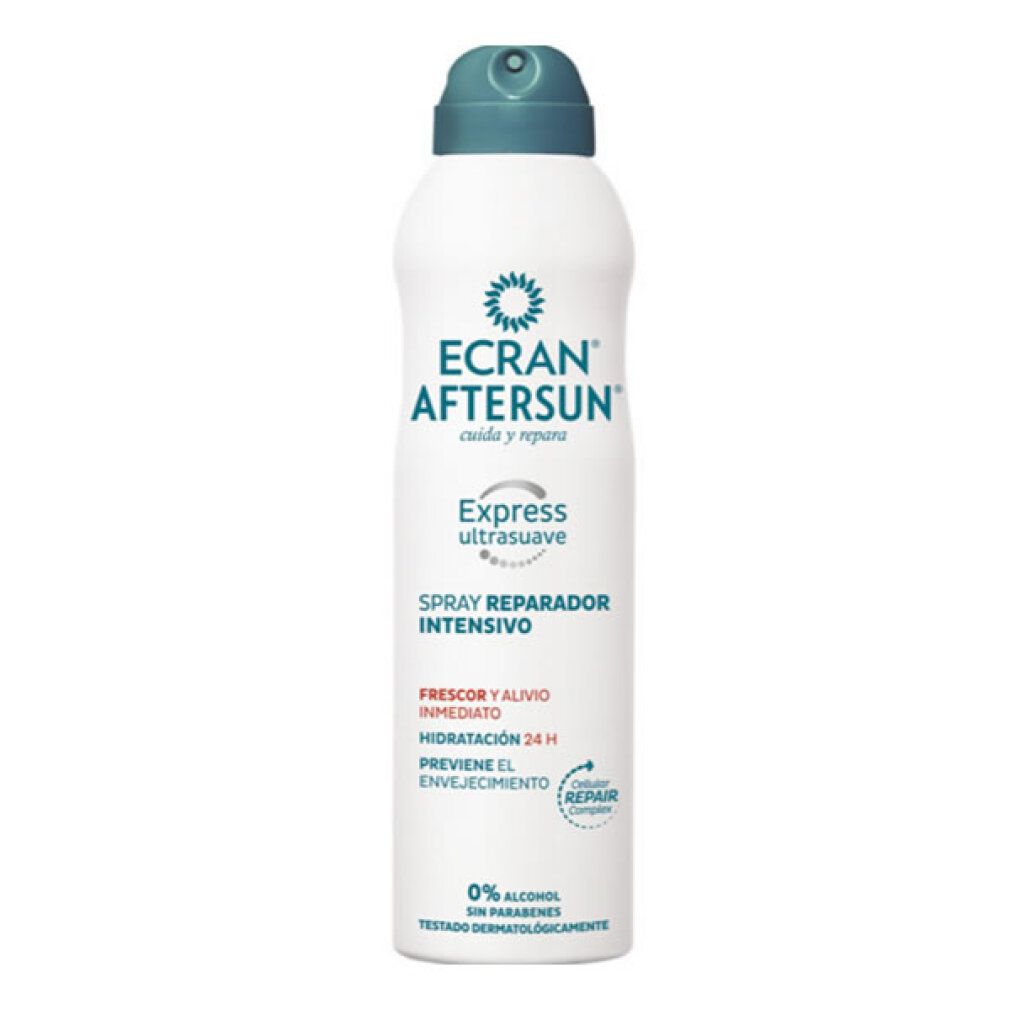 Spray riparatore doposole ECRAN con effetto rinfrescante. Flacone con erogatore spray.