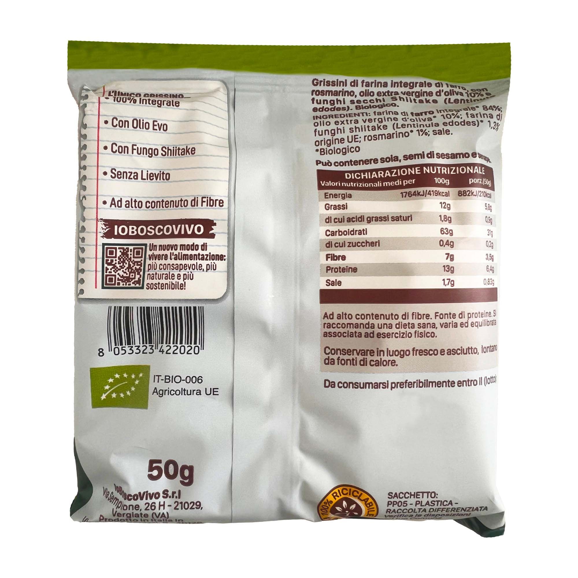 IoBoscoVivo Grissini al Rosmarino & Shiitake BIO, senza lievito, solo farro integrale con Olio Evo