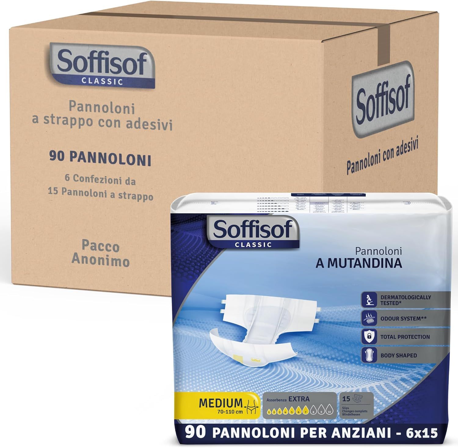 Soffisof Classic Pannoloni Extra. Confezione con pannolini e scatola. 90 pezzi. Medium.