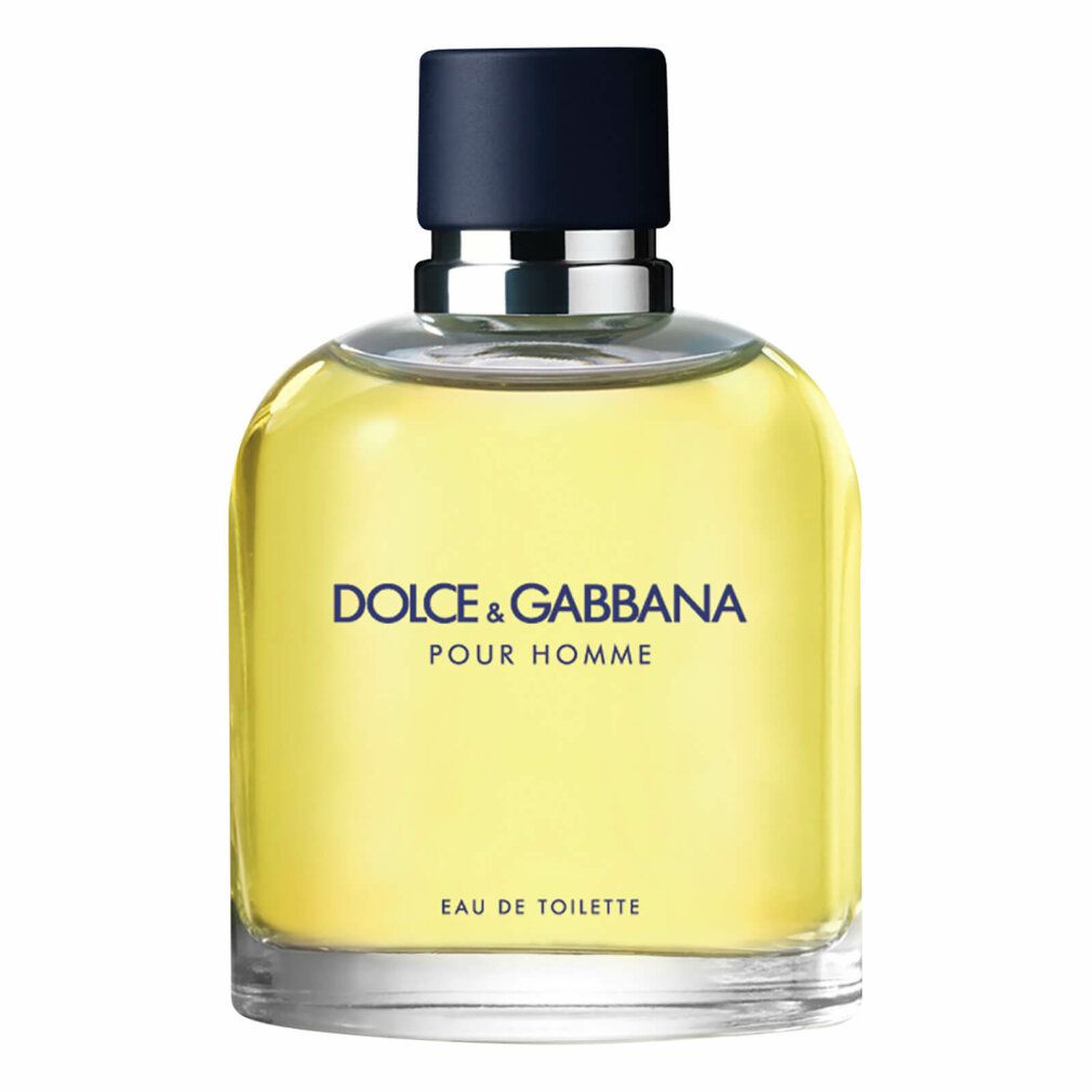 Flacone Dolce&Gabbana Pour Homme Eau de Toilette. Liquido giallo, tappo nero, anello argentato.