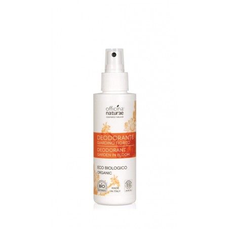 Spray deodorante bianco con dettagli arancioni. Scritta: Officina Naturae, Deodorante Giardino fiorito. Certificazione biologica.