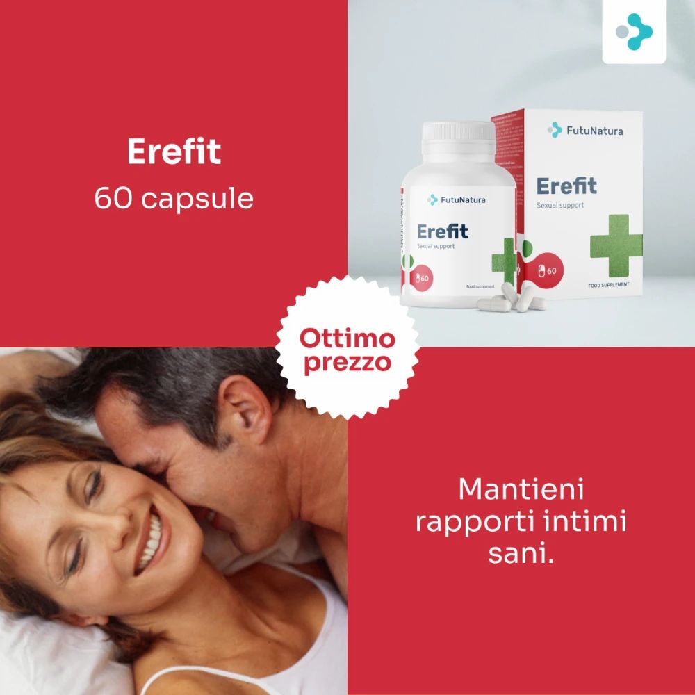 Flacone e scatola FutuNatura Erefit. 60 capsule. Coppia a letto. Sfondo rosso.