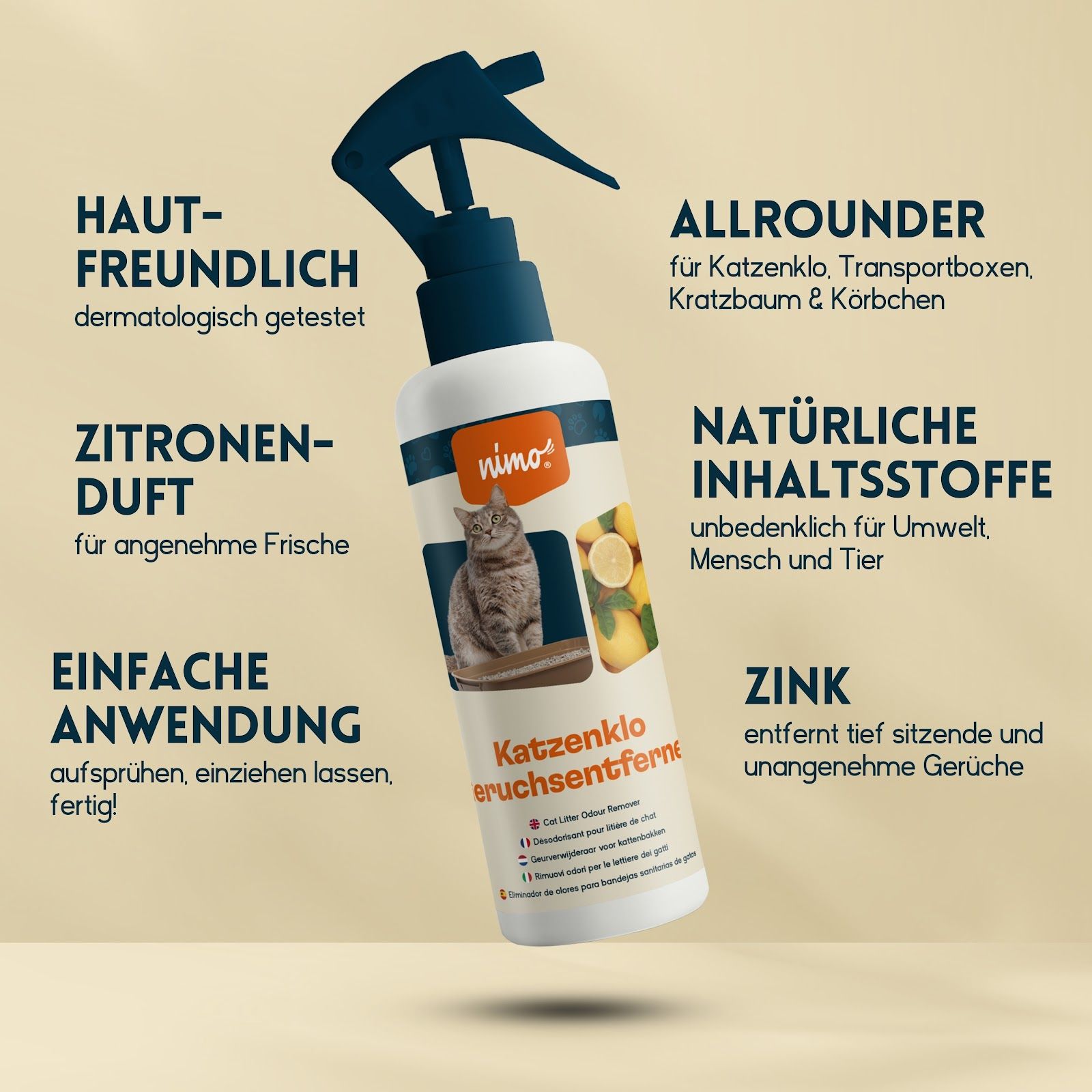 Flacone spray con etichetta prodotto. Testo: Delicato sulla pelle, profumo di limone, facile da usare. Altri testi e grafici.