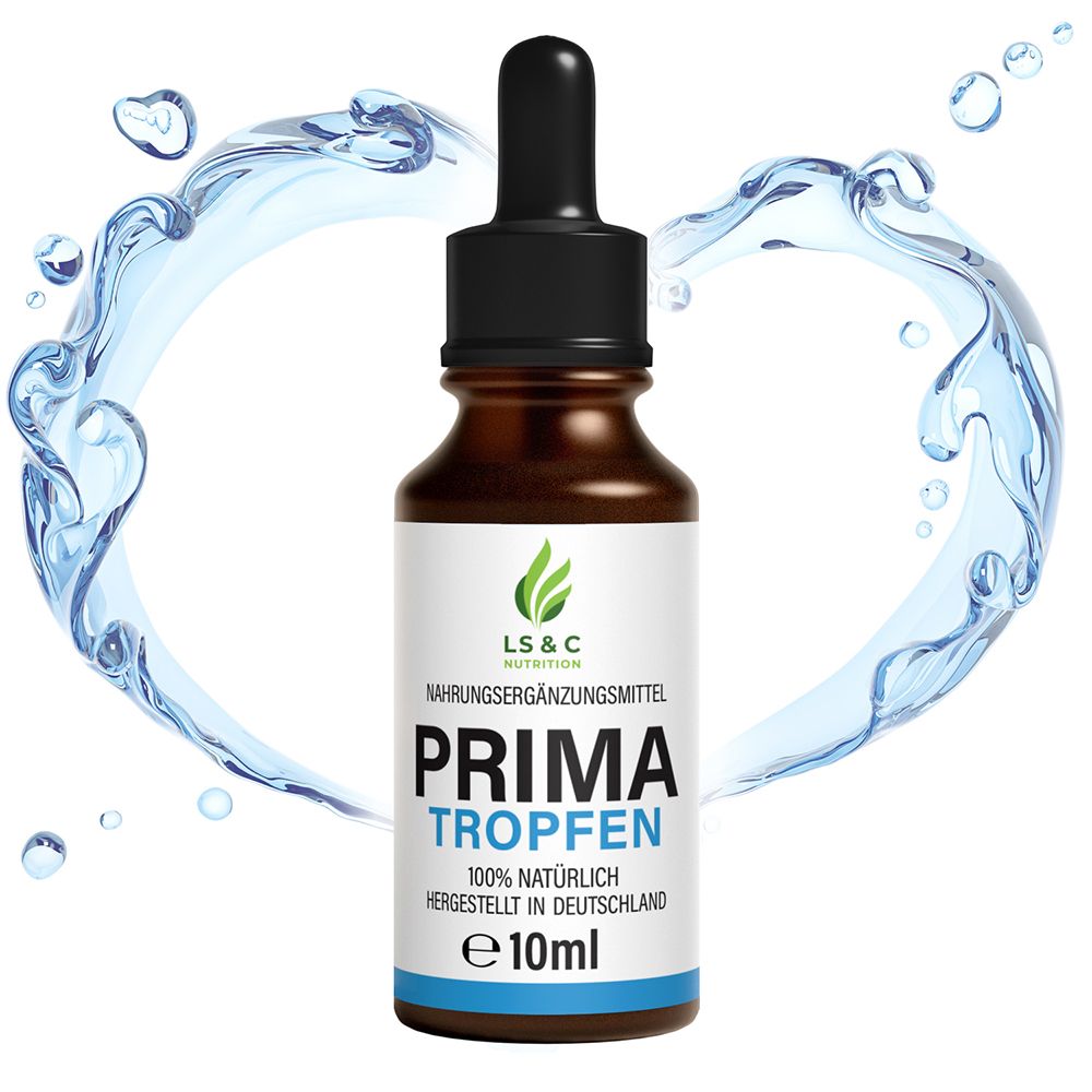Flacone di vetro marrone con contagocce nero, circondato dall'acqua. Etichetta bianca con logo, nome del prodotto e testo. Fascia blu con indicazione del volume.
