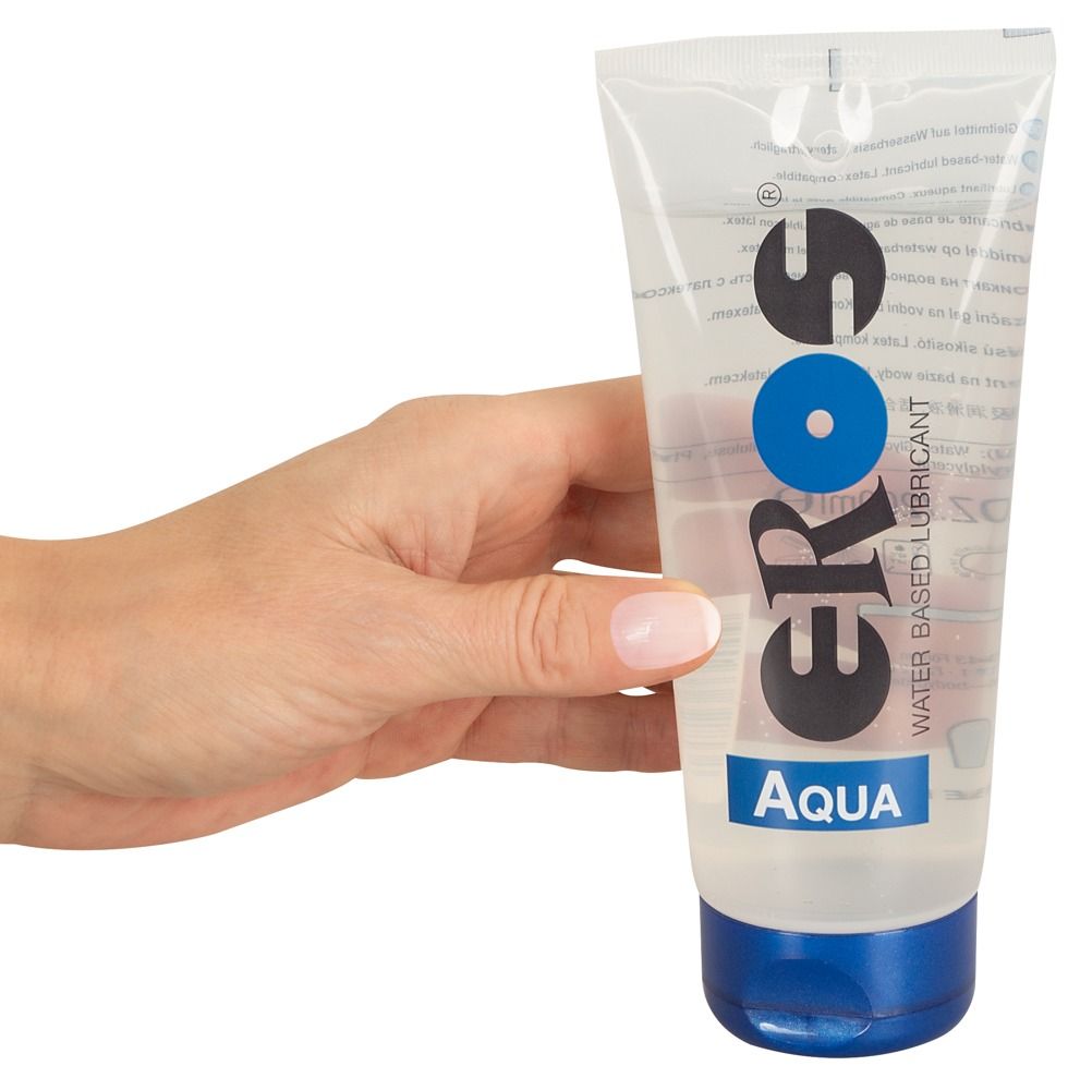 Lubrificante EROS Aqua in tubo trasparente con tappo blu.