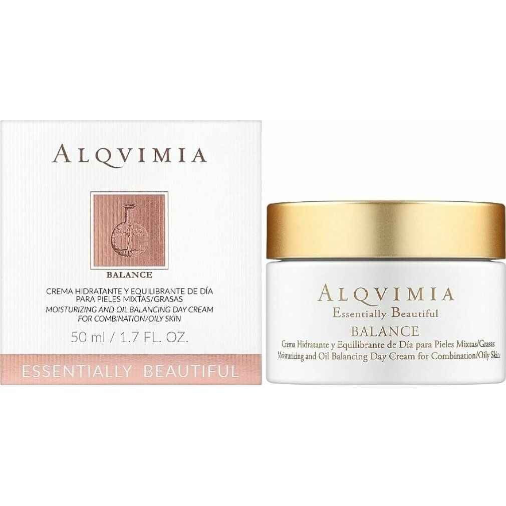 Vasetto di crema con coperchio dorato e scatola. Scritta: ALQVIMIA, BALANCE, crema idratante. 50 ml.