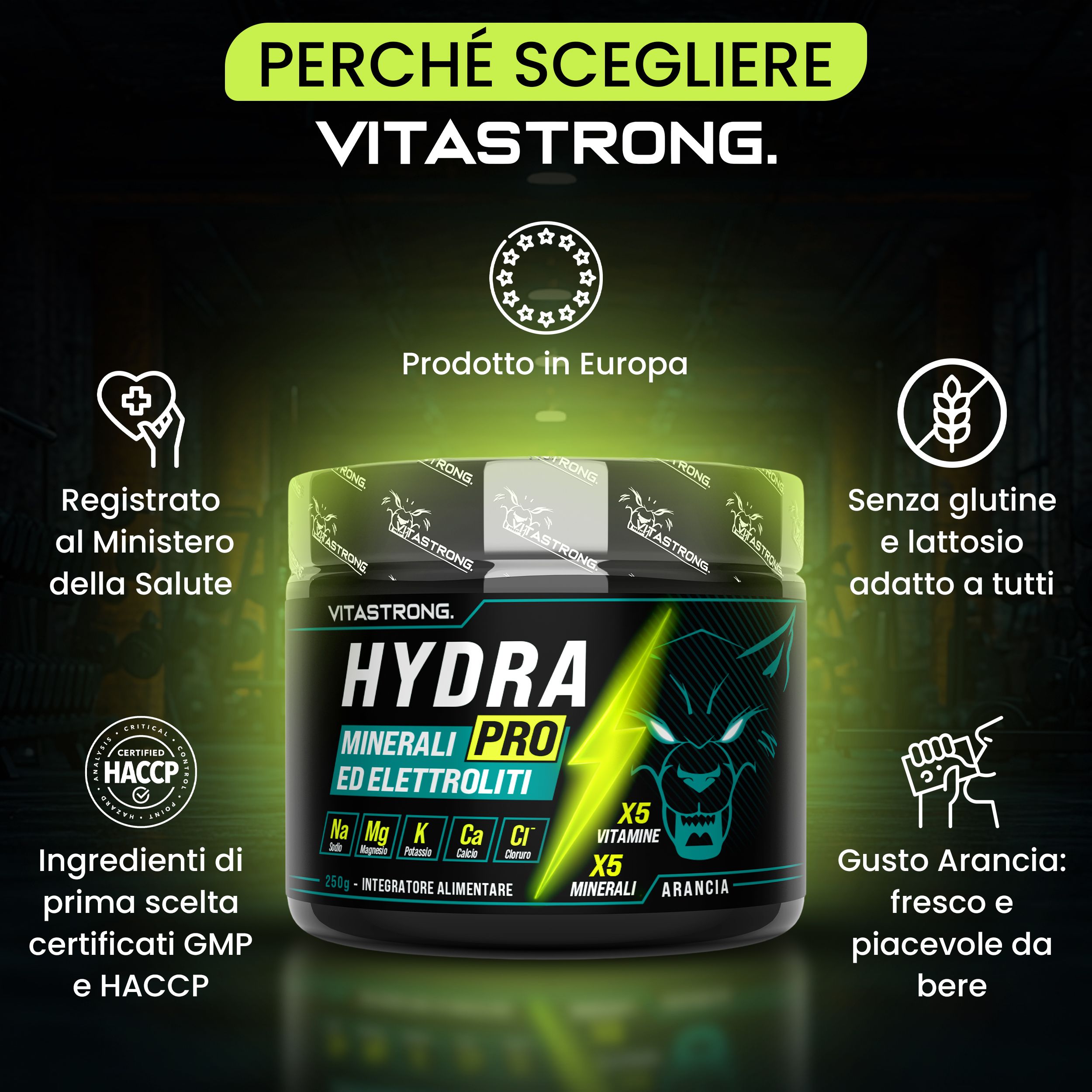 Barattolo "HYDRA PRO". Testi: ingredienti, senza glutine, gusto, prodotto in Europa, HACCP.