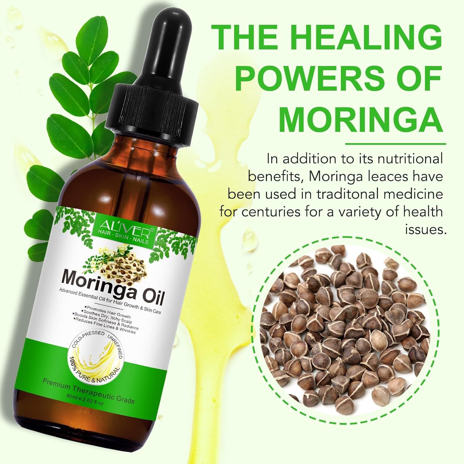Flacone di vetro marrone con olio di Moringa e semi. Scritta: Moringa Oil. Poteri curativi del Moringa.