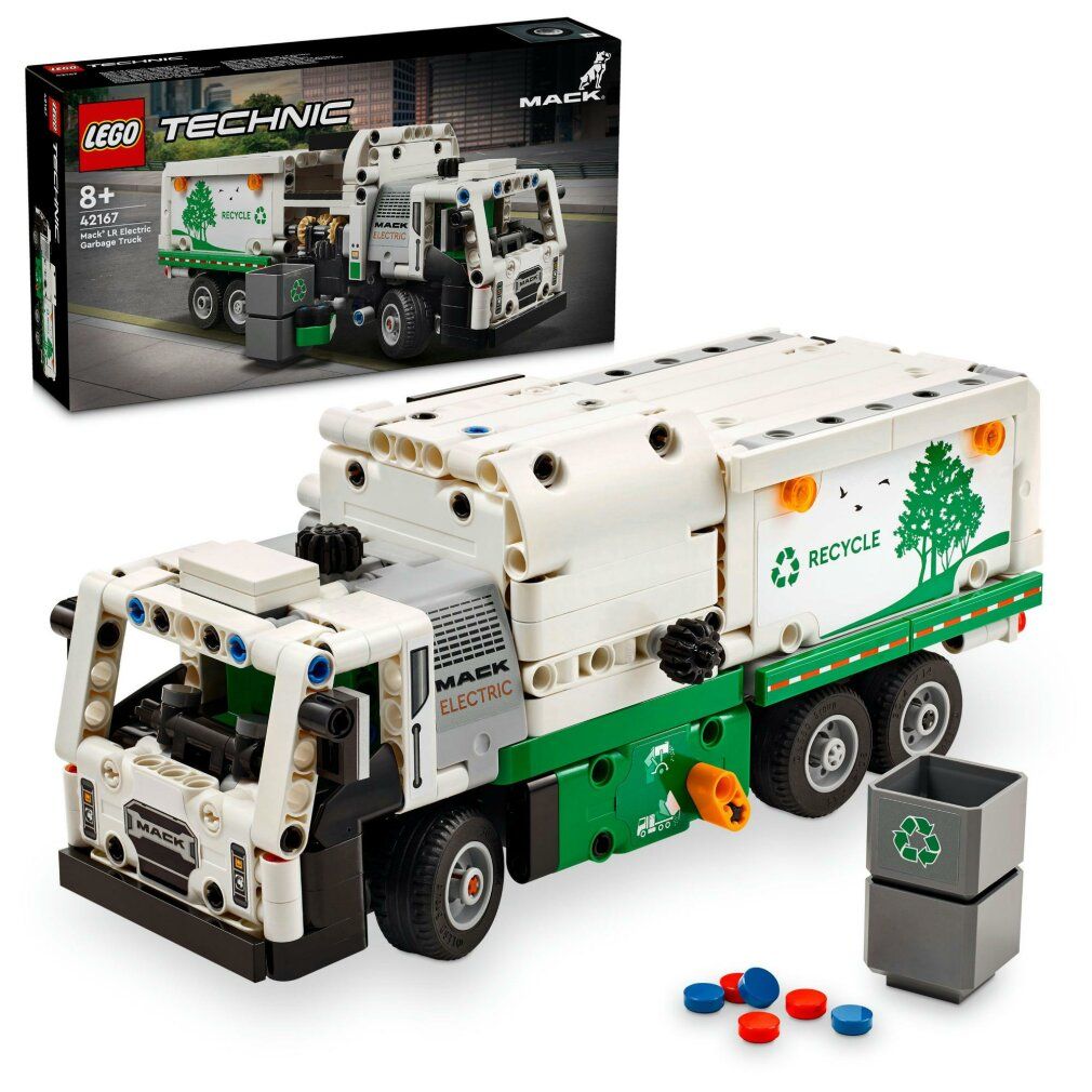Camion della spazzatura LEGO Technic. Bianco, verde e grigio. Logo riciclo e accessori. Confezione con immagine.