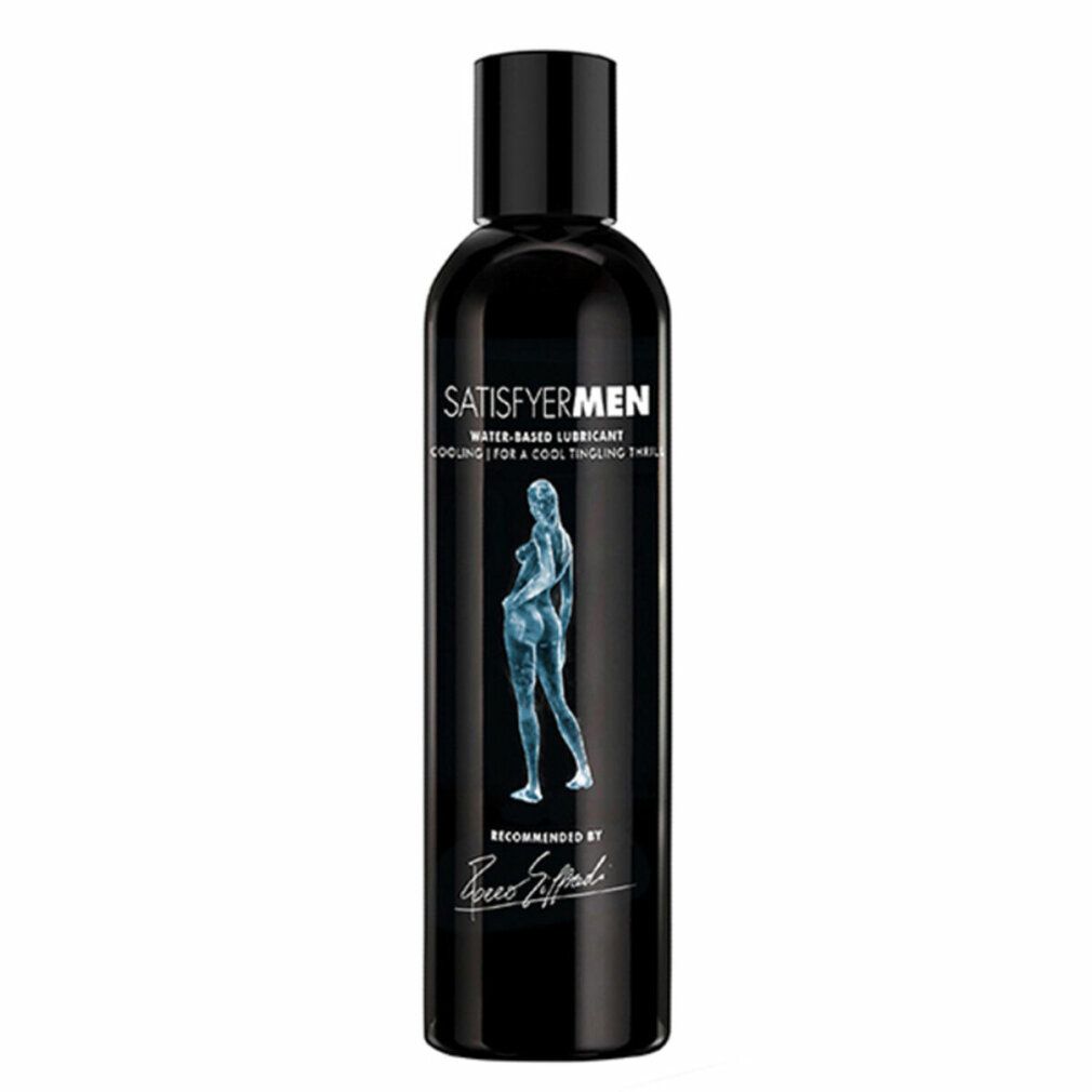 Flacone nero con scritta bianca: Satisfyer Men, a base d'acqua. Illustrazione di una donna. Raccomandato da Rocco Siffredi.
