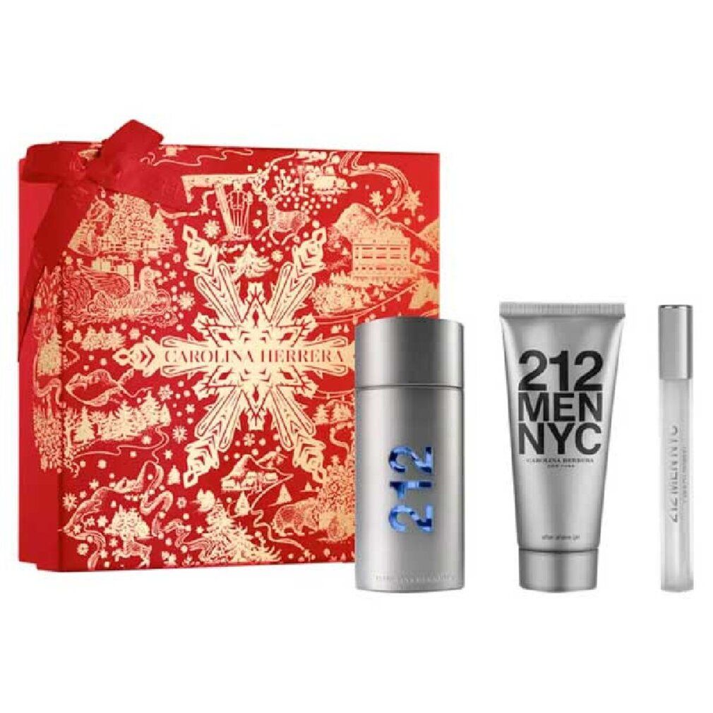 Set regalo con scatola rossa, spray profumo, deodorante, gel doccia e roll-on. Scritta: 212 MEN NYC.