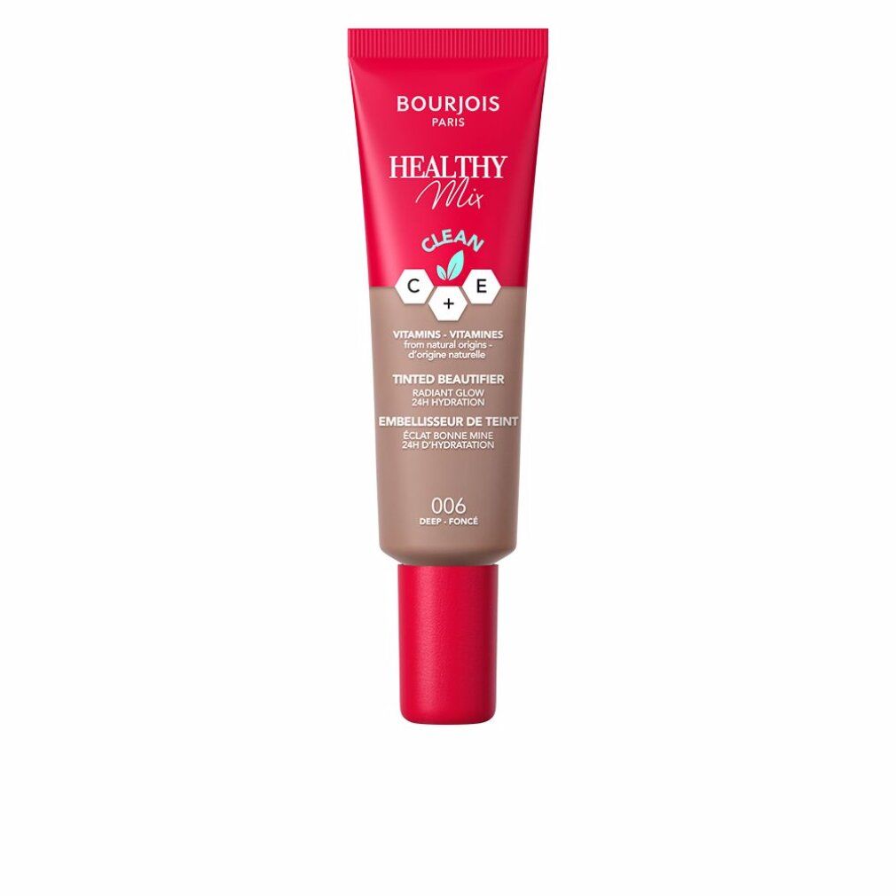 Tubo Bourjois Healthy Mix Beautifier, rosso-marrone. Scritta: Healthy Mix Clean, C+E. Tonalità 006.
