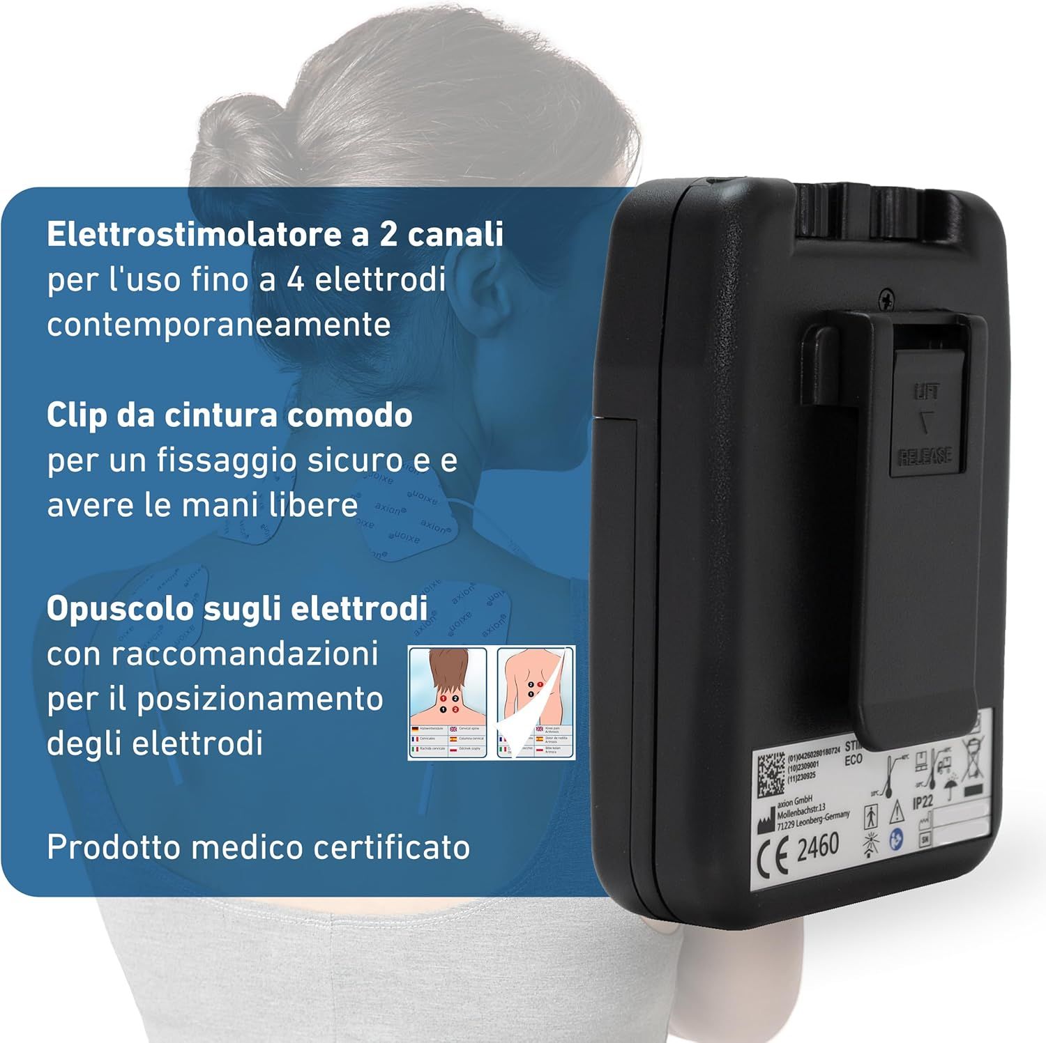 axion® Dispositivo TENS STIM-PRO Eco con batteria Li-Ion a blocco da 9V