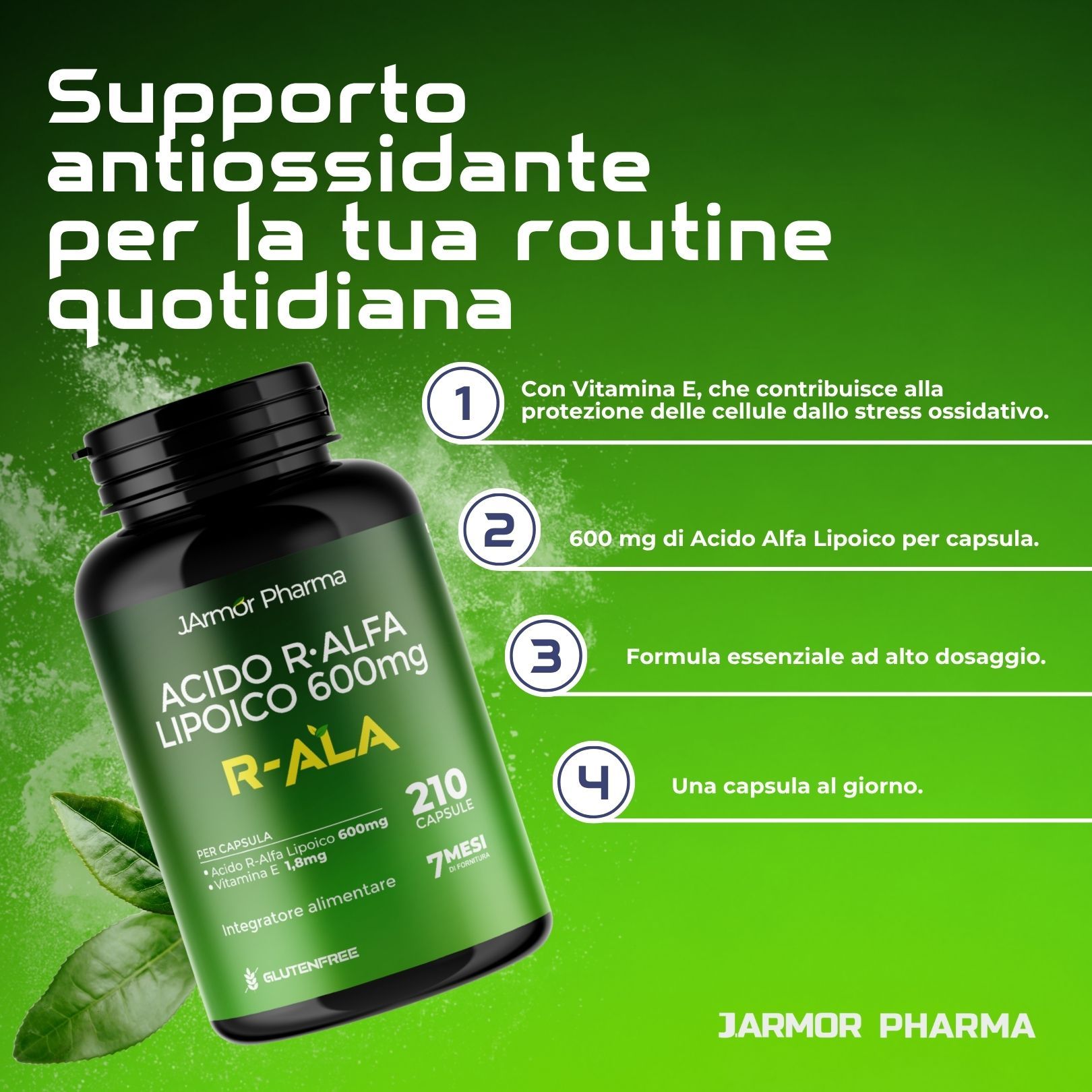 Barattolo Acido R-Alfa Lipoico 600mg, R-ALA, 210 capsule, con info su Vitamina E e dosaggio.