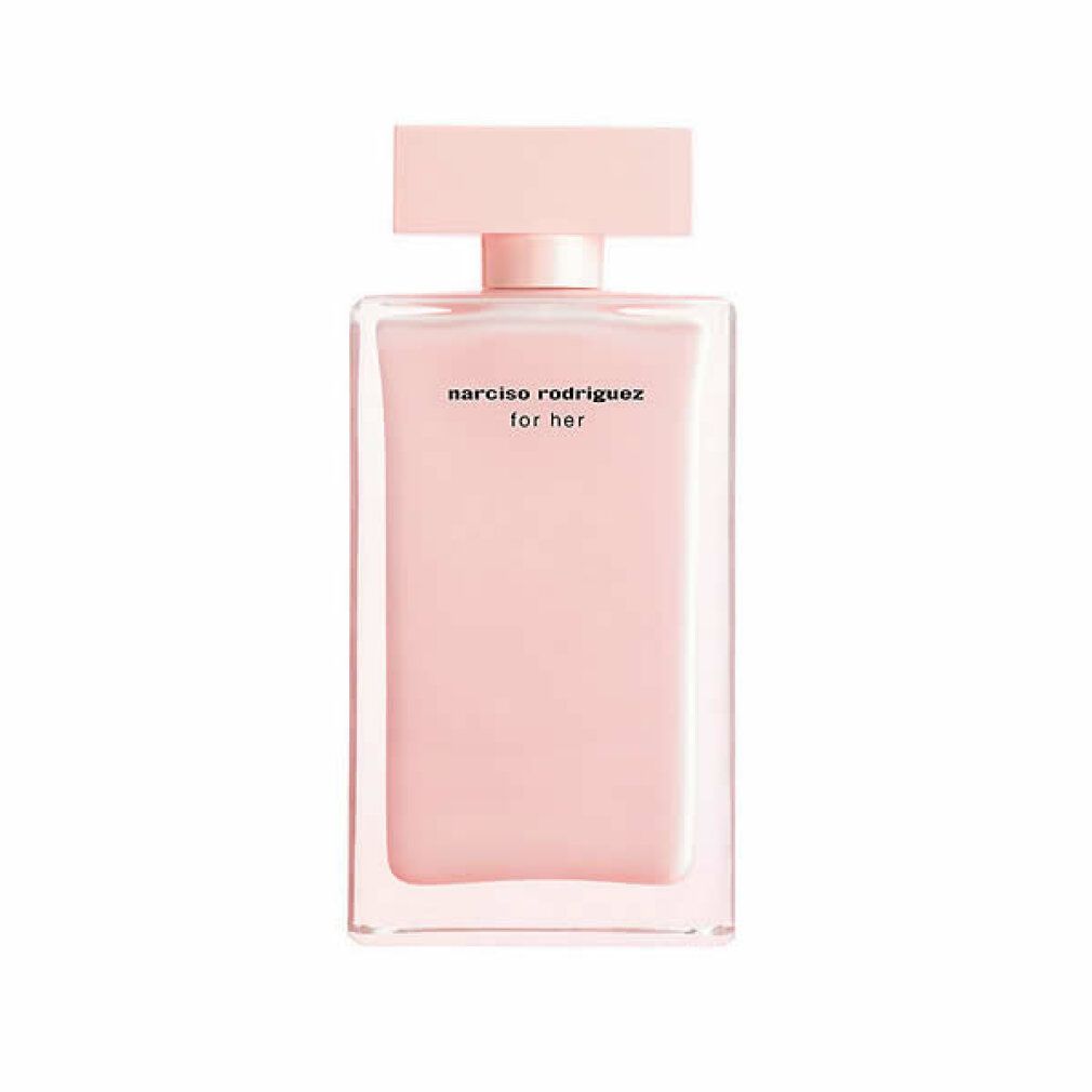 Flacone rosa rettangolare con tappo rosa. Scritta "narciso rodriguez for her".