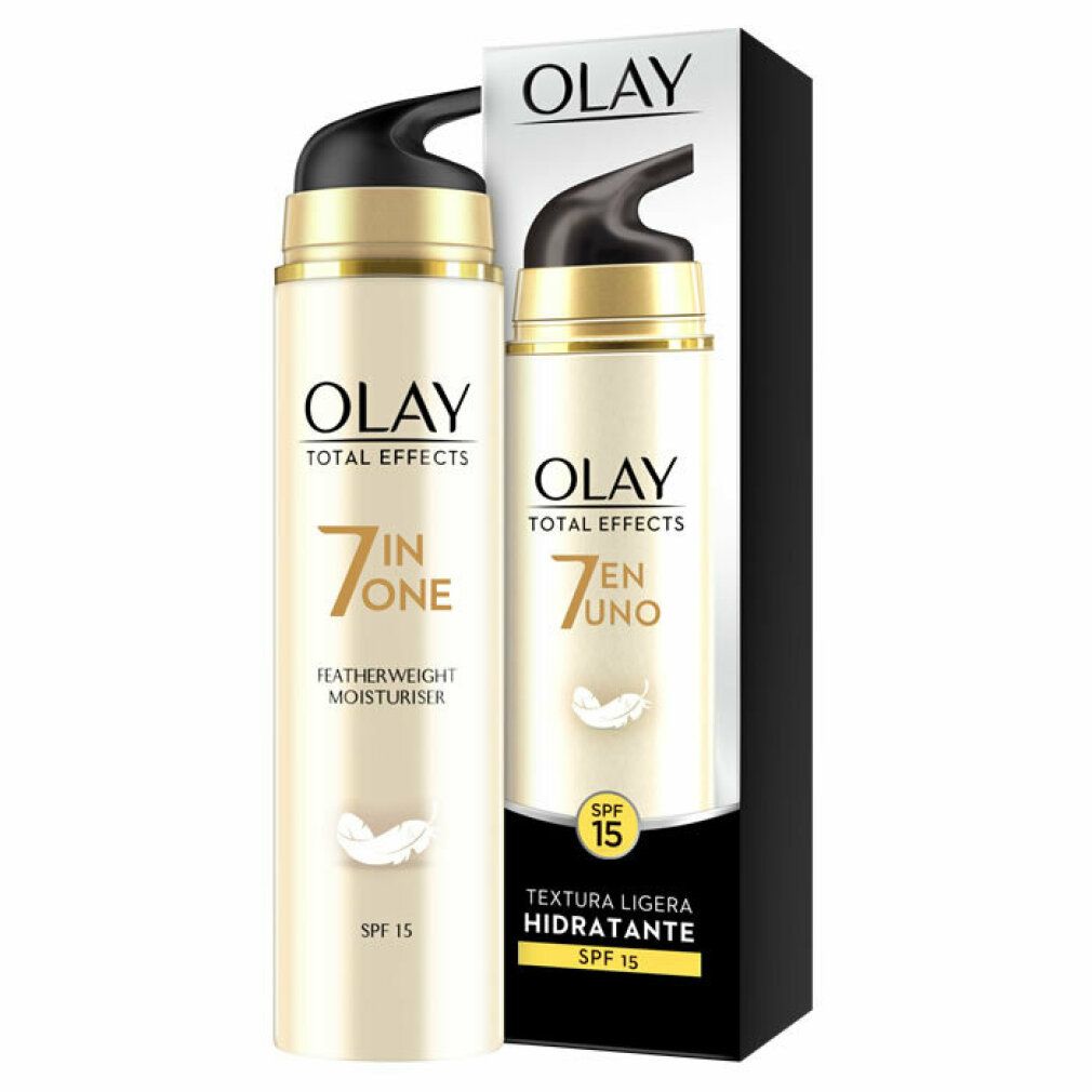 Olay Total Effects 7 In One Featherweight Moisturiser Spf15. Erogatore e confezione. Testo: SPF 15, 7 in One, Featherweight Moisturiser.