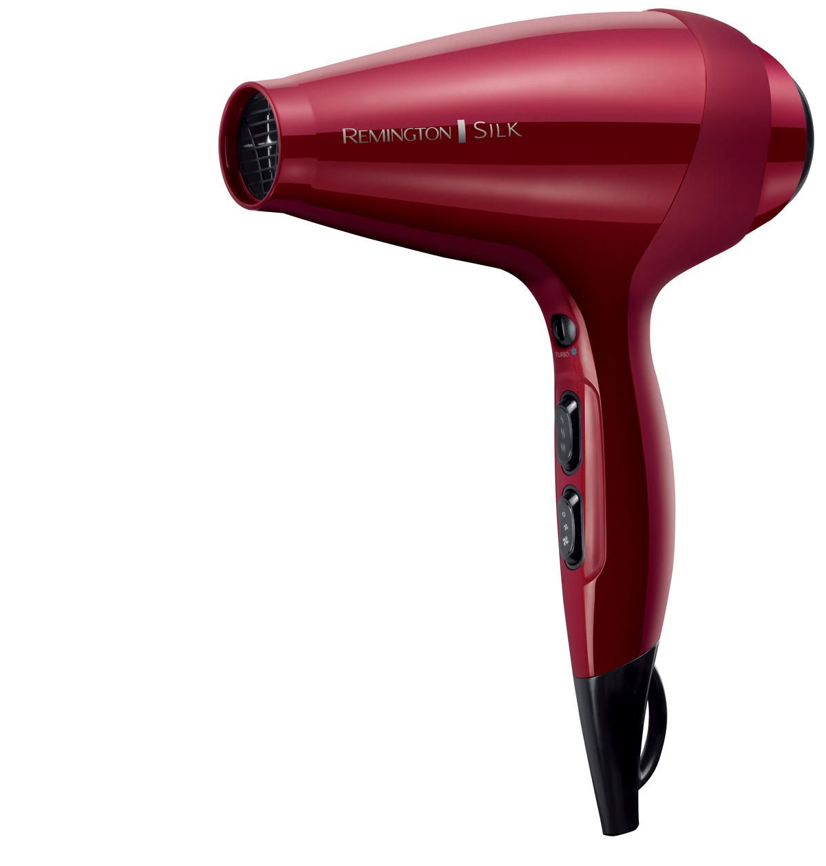 Asciugacapelli rosso. Remington Silk è scritto sull'asciugacapelli. Elementi neri. Tre pulsanti.