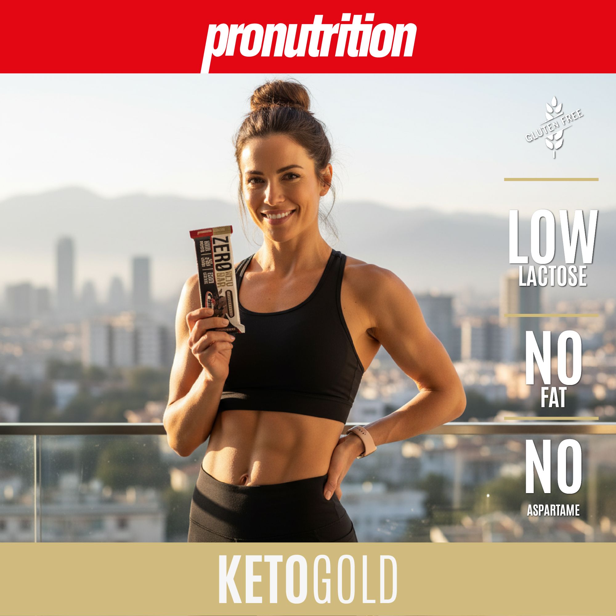 Donna tiene Keto Bar. Scritta: Zero Keto Bar, High Protein, Zero Gluten. Testo: Low Lactose, No Fat, No Aspartame.