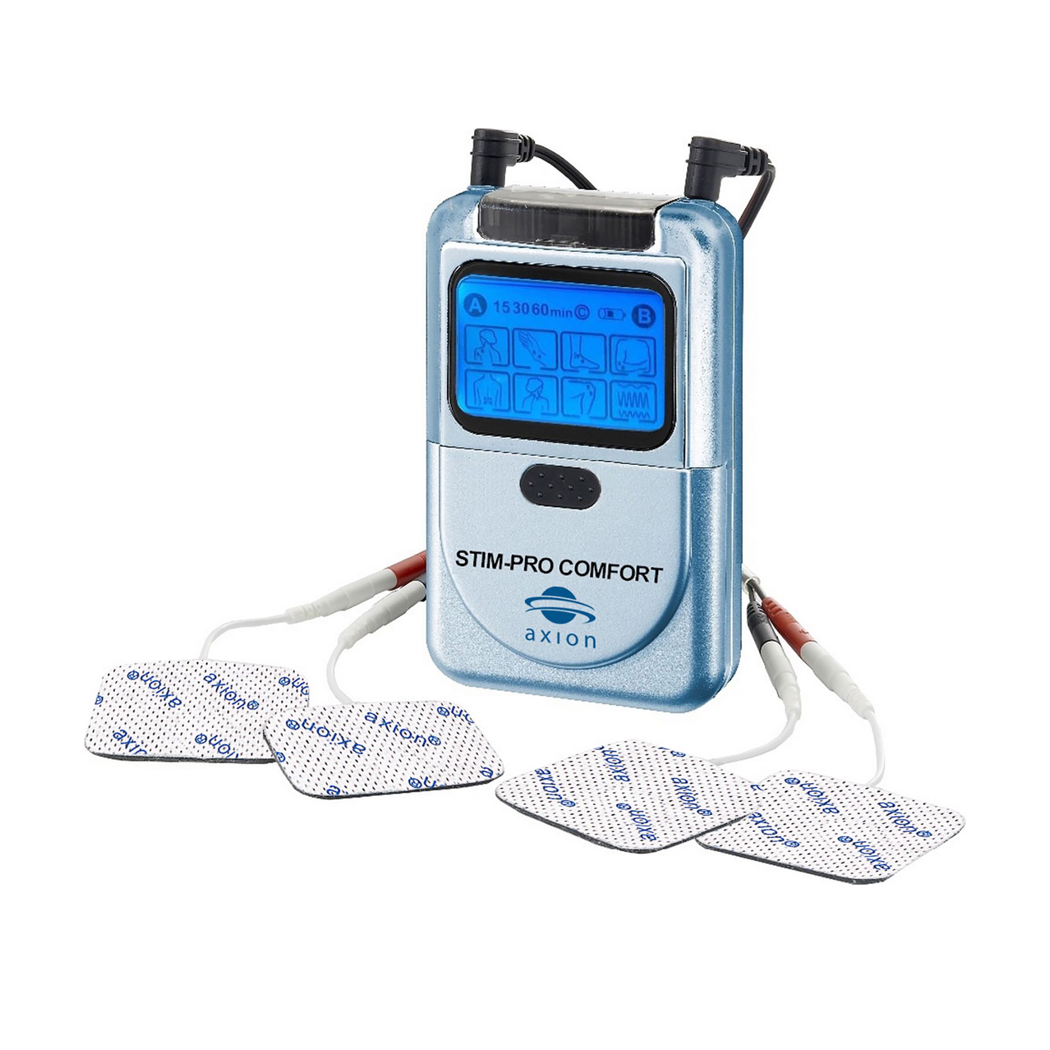Dispositivo TENS con elettrodi e cavi. axion STIM-PRO COMFORT. Dispositivo argento con display.