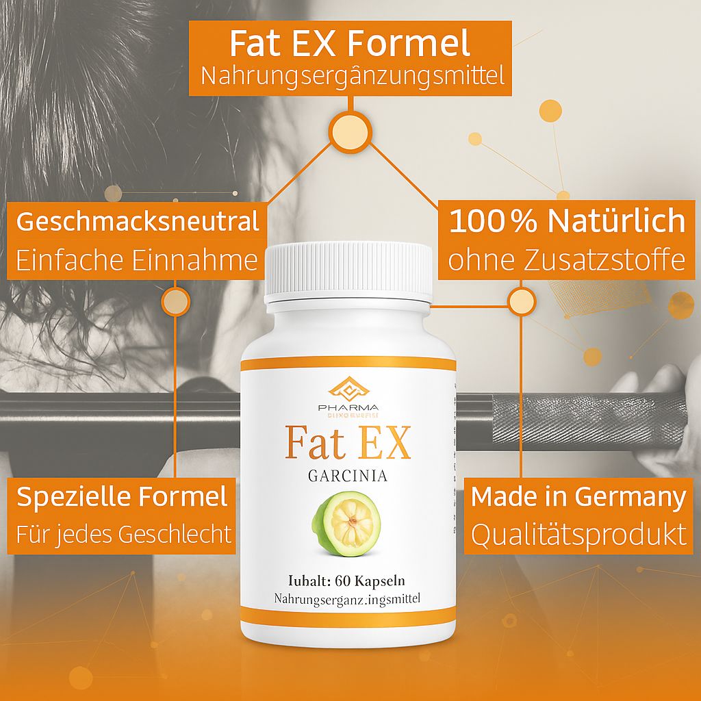 Flacone bianco con capsule. Scritta: Fat EX, Garcinia. Testi aggiuntivi. Logo Pharma Health. Made in Germany.