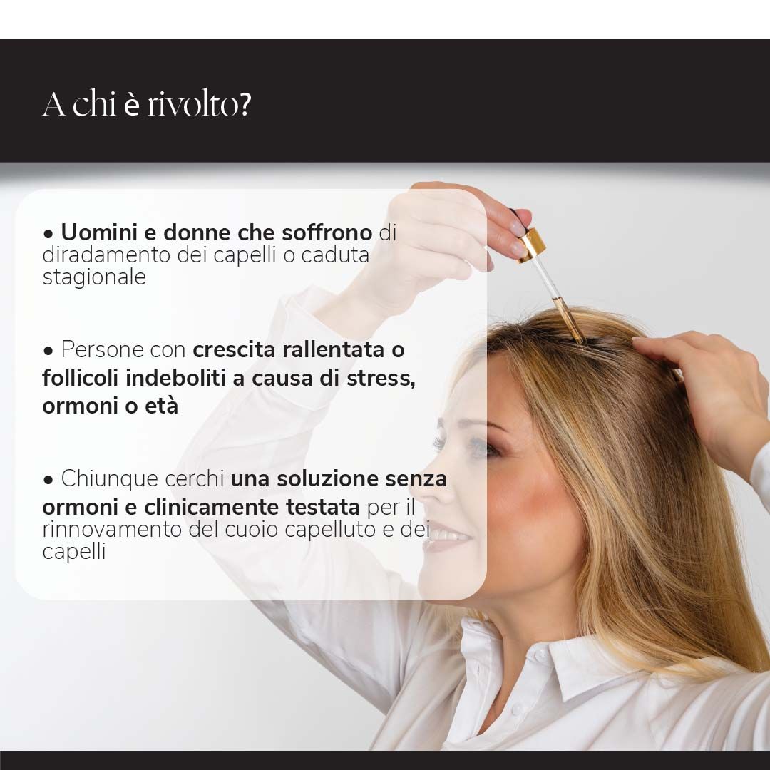 Testo: A chi è rivolto? Uomini e donne con capelli diradati. Persone con crescita lenta dei capelli.