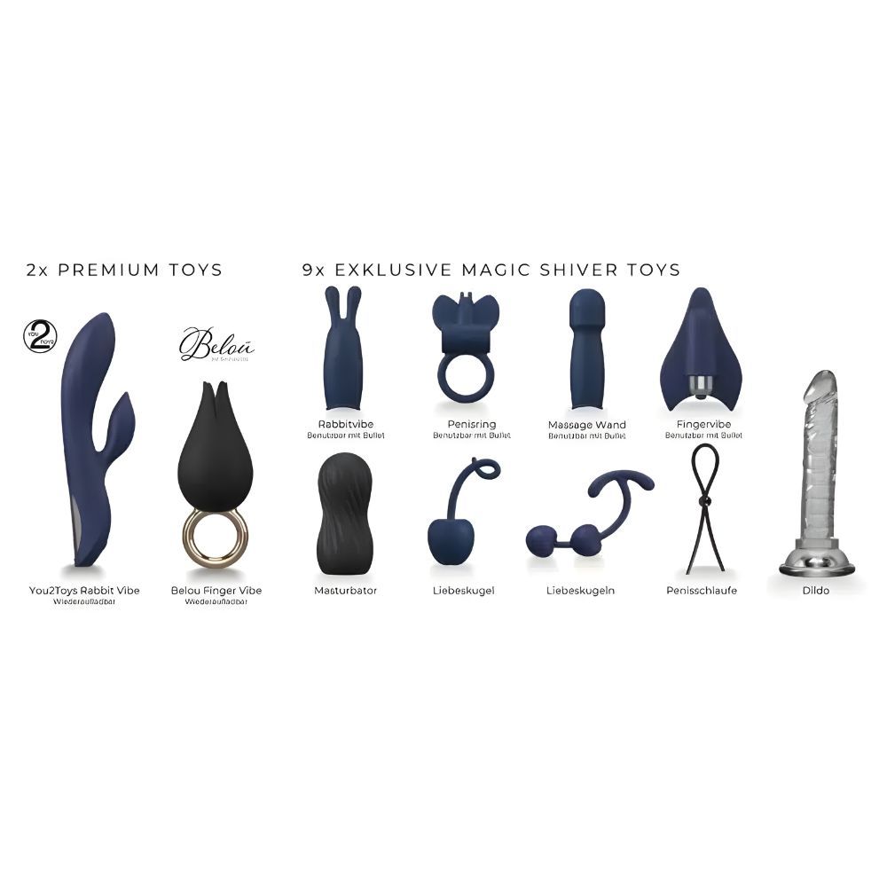 Panoramica dei prodotti con sex toys. 2 giocattoli premium, 9 giocattoli esclusivi. Varie forme e colori.
