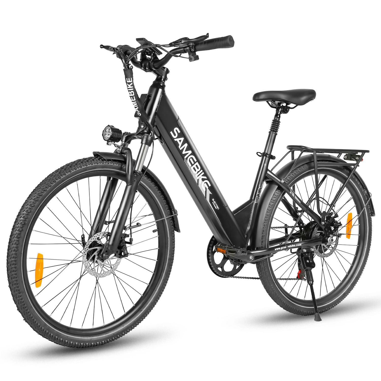 E-bike nera SAMEBIKE RS-A01 Pro-T. Portapacchi, parafanghi, fari e fanali posteriori.
