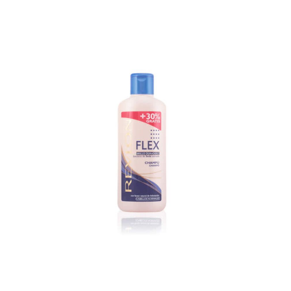 Flacone Revlon Flex Normal Hair Shampoo con tappo blu ed etichetta che indica +30% gratis.