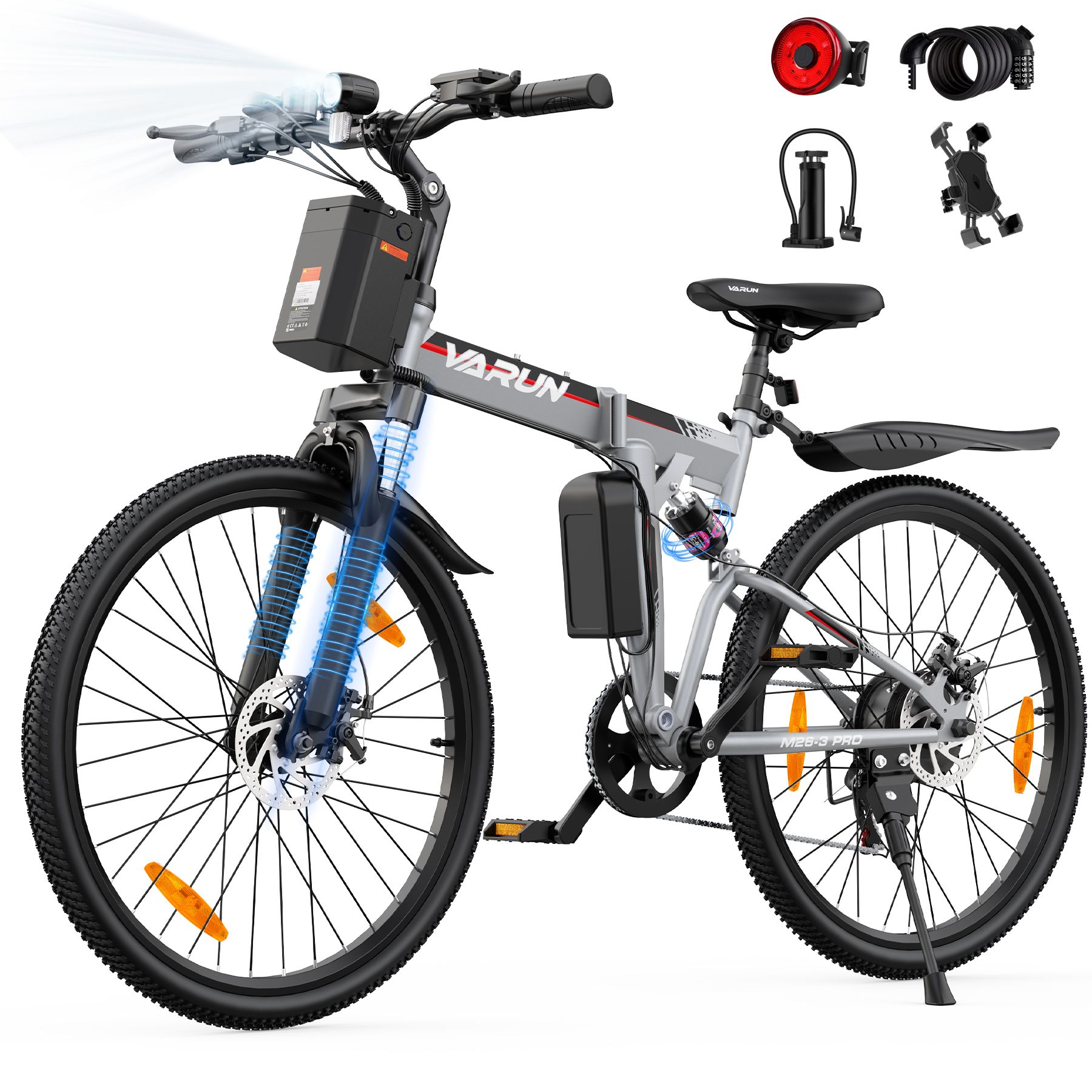 E-bike pieghevole argento, telaio e pneumatici neri. Accessori: fanale posteriore, pompa, supporto telefono.