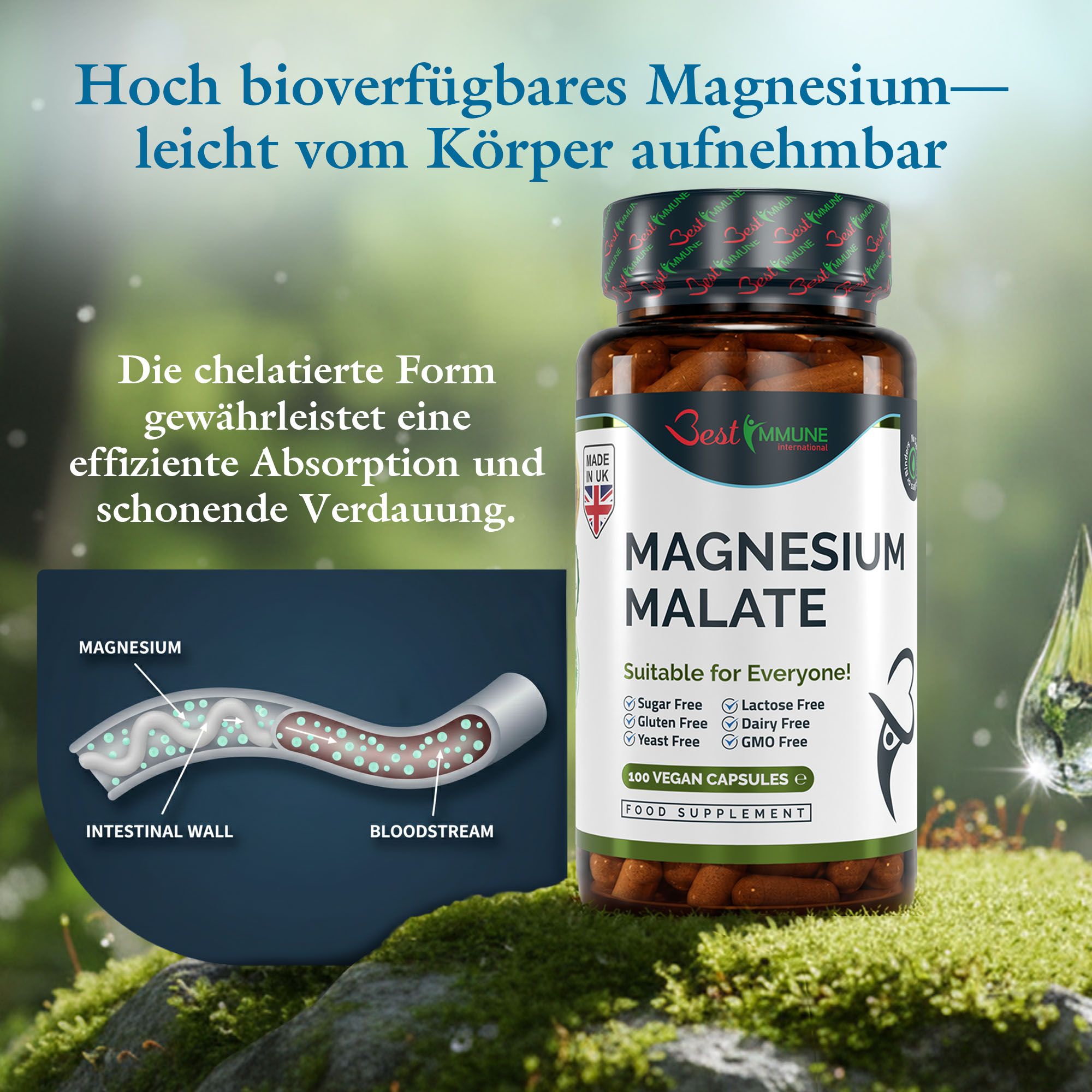 Flacone di magnesio malato con illustrazione dell'assorbimento intestinale e nel flusso sanguigno. Alta biodisponibilità.