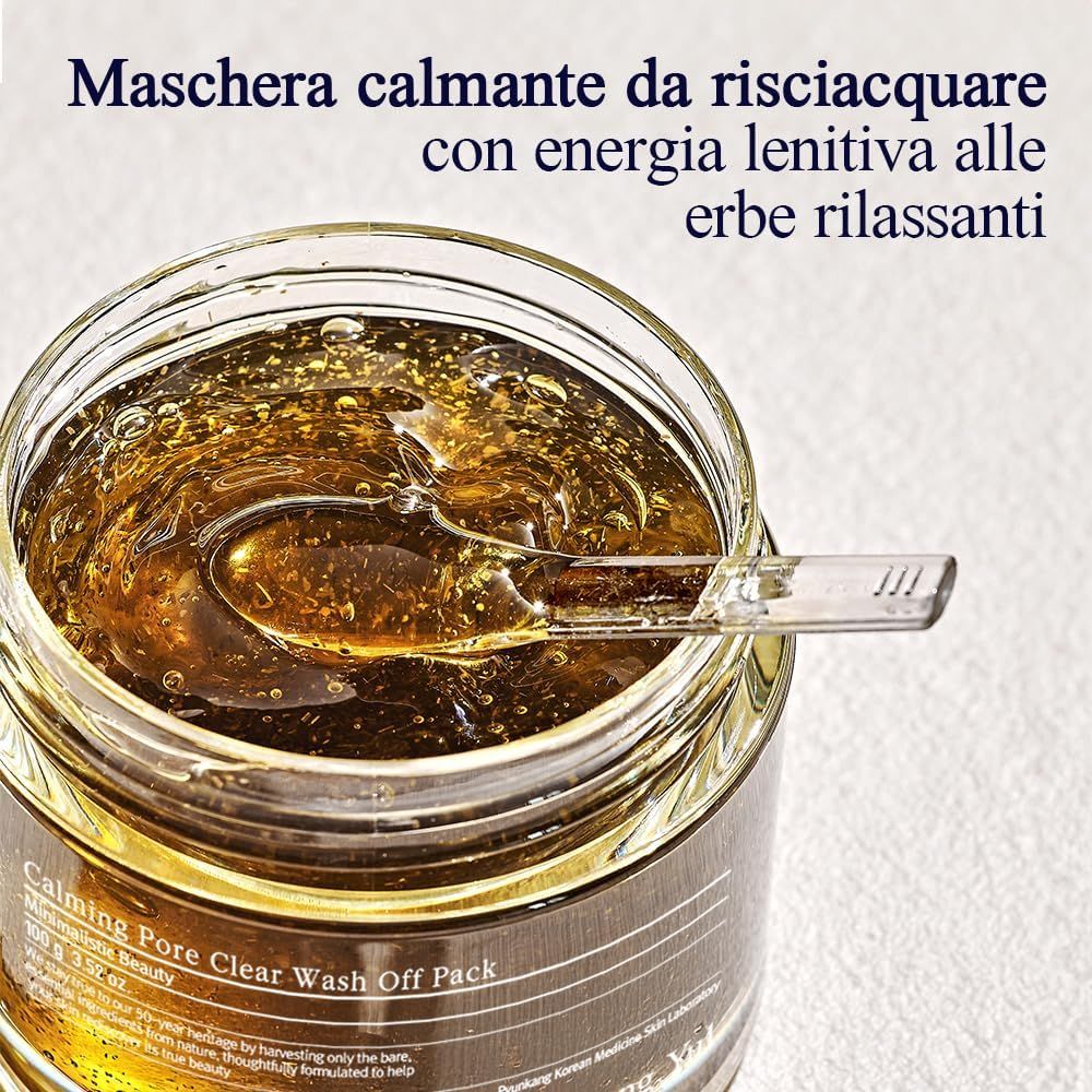 Vaso di gel con cucchiaio. Testo: Maschera calmante da risciacquare con energia lenitiva alle erbe rilassanti.