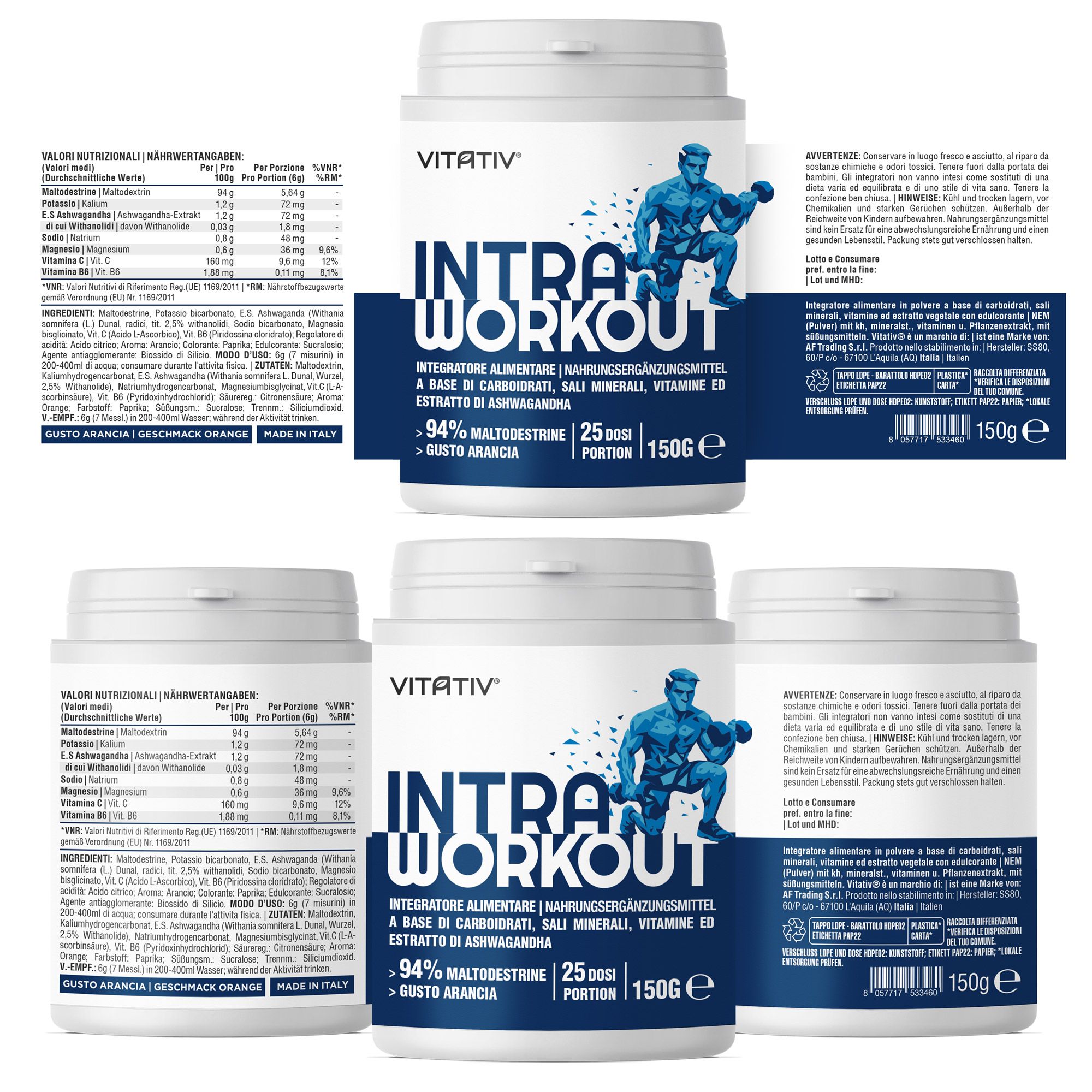 VITATIV® Intra Workout Uomo in Polvere con Maltodestrine, Ashwagandha, Minerali e Vitamine - 150 g