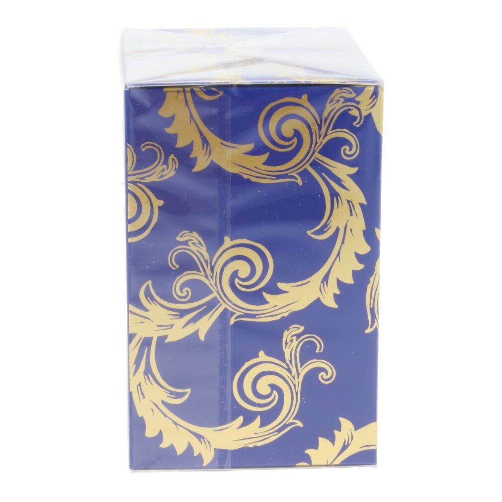 Confezione blu con motivo dorato. Forma rettangolare. Pellicola trasparente che avvolge la confezione.