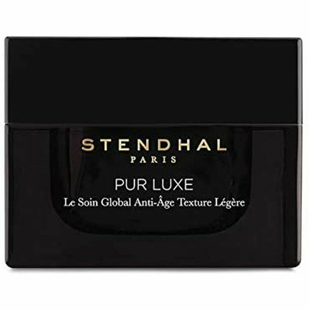 Vaso nero con scritta dorata: Stendhal Paris, Pur Luxe, Le Soin Global Anti-Âge Texture Légère. Coperchio.