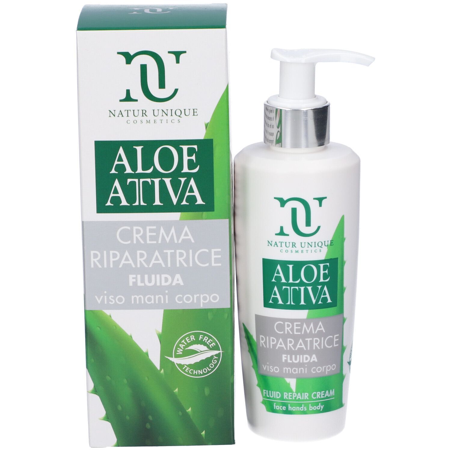 Flacone e scatola del prodotto. Scritta: Aloe Attiva, Crema Riparatrice Fluida. Grafica verde e bianca.