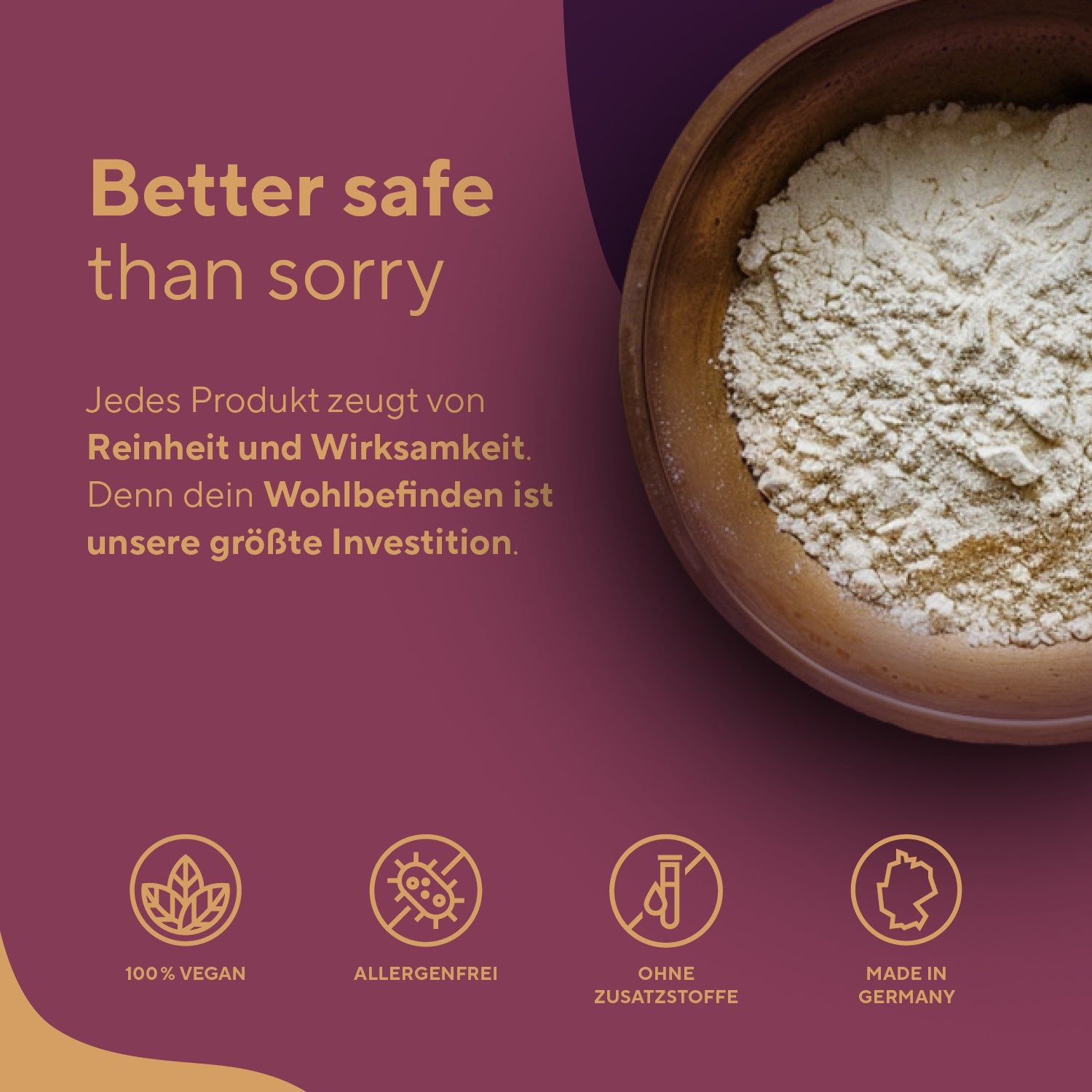 Ciotola con polvere. 100% vegano, senza allergeni, senza additivi, Made in Germany.