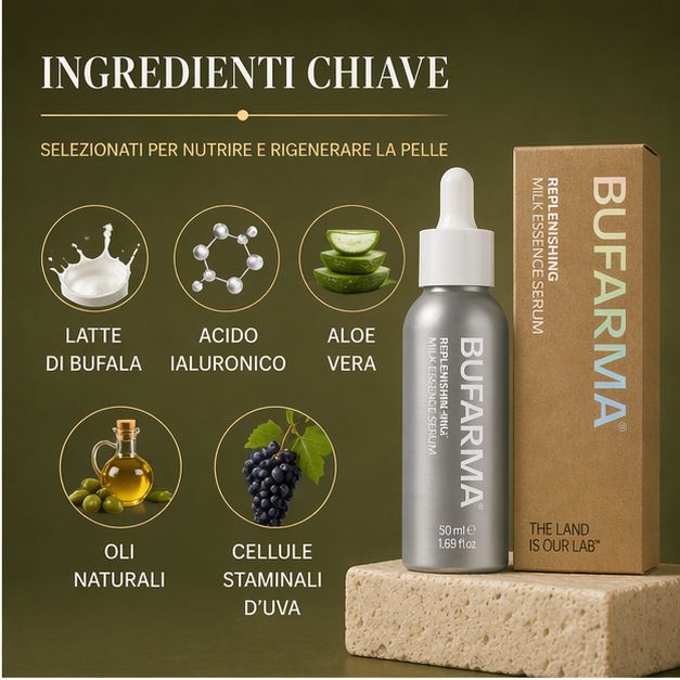 Flacone di siero e confezione. Scritta BUFARMA, Replenishing Milk Essence Serum. Contagocce. Confezione marrone. Ingredienti: latte di bufala, acido ialuronico.